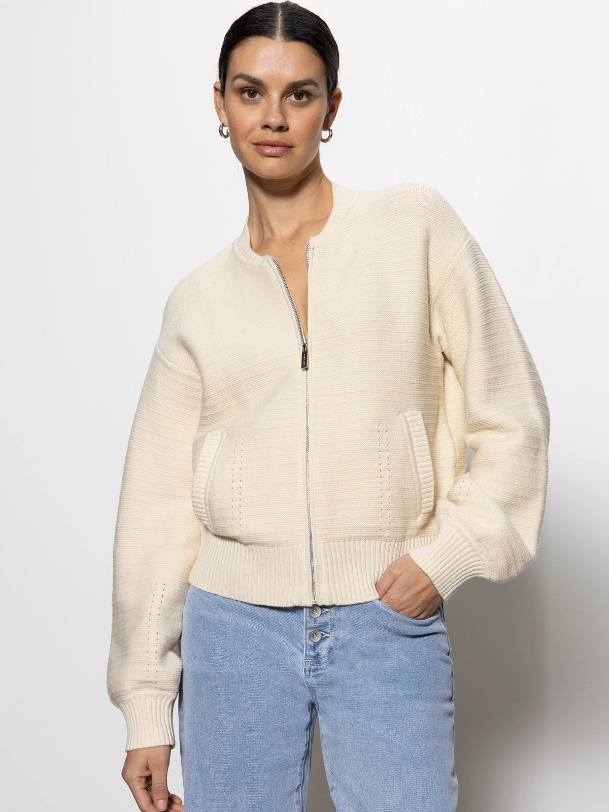 Classic Wear Knitted Bomber Jacket Muslin