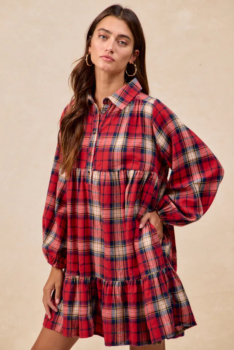 ID2029S-19 | PLAID WOVEN SHRRING BUTTONED TIERED SHIRT DRESS Outdoor Adventure Wear