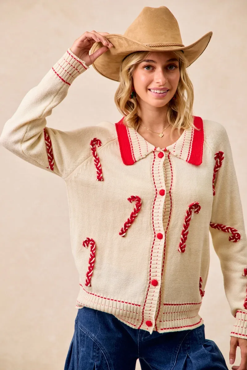 All Day Wear IT4461K-01 | CHRISTMAS CANDY CANE PATCHES COLLARED SWEATER TOP