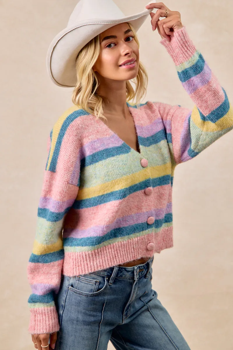 Clean Outer stand neck IT4724-01 | MULTI COLOR STRIPED SWEATER CARDIGAN WITH BUTTON
