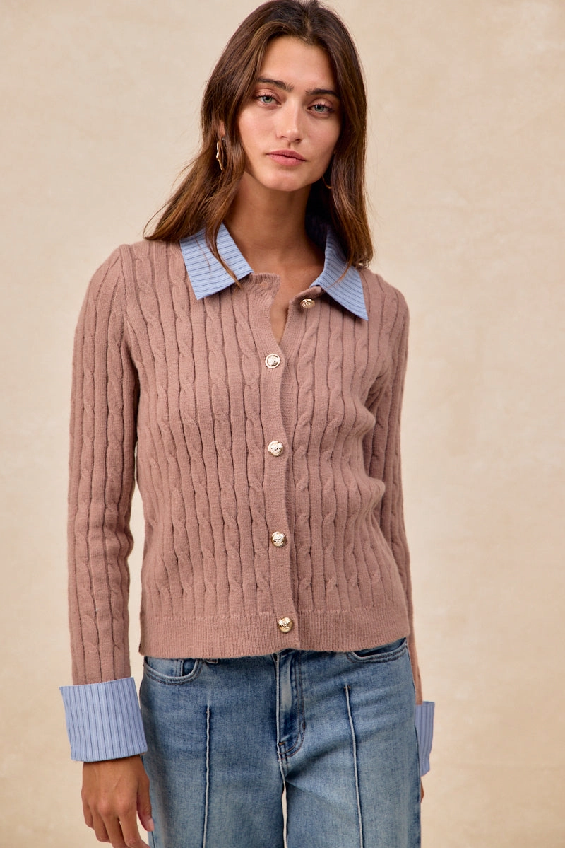 Neutral Look IT4797-01 | CABLE KNIT SWEATER CARDIGAN WITH FABRIC EDGED