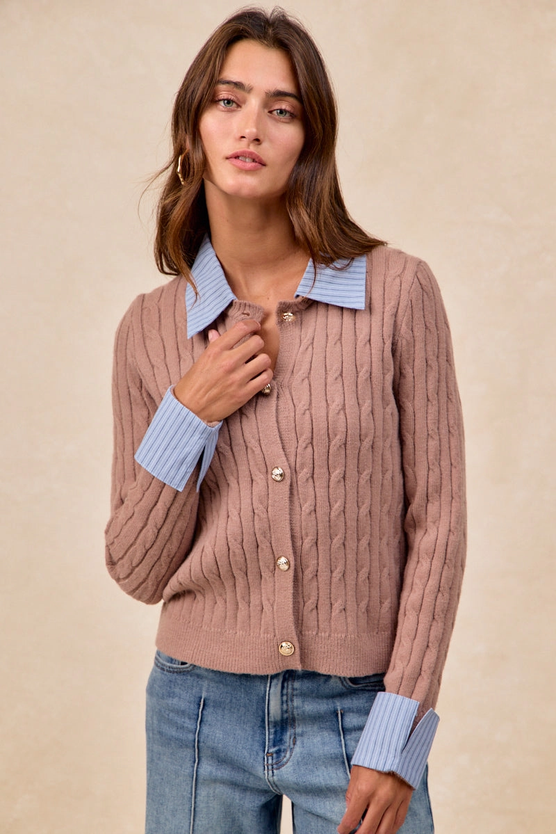 Classy Fit Weekend Ready IT4797-01 | CABLE KNIT SWEATER CARDIGAN WITH FABRIC EDGED