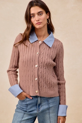 IT4797-01 | CABLE KNIT SWEATER CARDIGAN WITH FABRIC EDGED Dynamic Motion Layer Ready