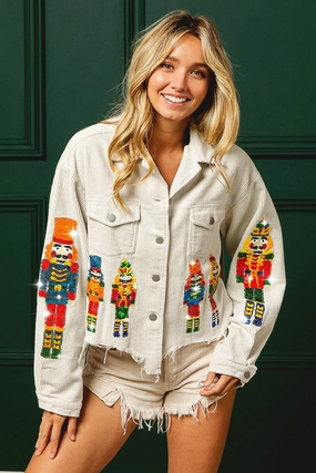 IP6187G-22 | NUTCRACKERS EMBROIDERY CHRISTMAS CORDUROY JACKET Casual Style Easy Care