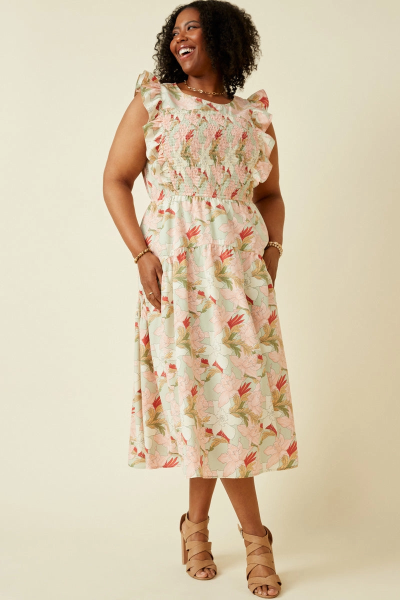 Floral Smocked Panel Ruffle Detail Dress Soft cotton dress