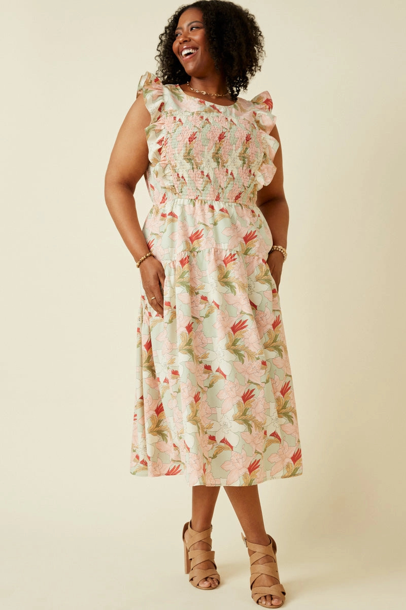 Urban Casual Floral Smocked Panel Ruffle Detail Dress