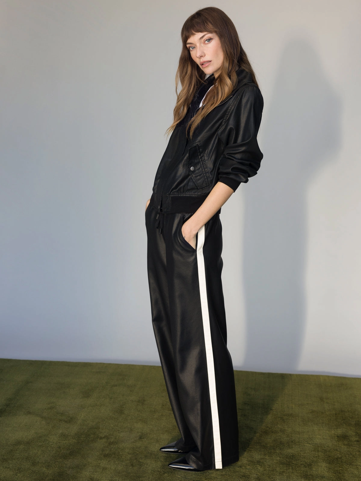 Coated Twill Track Pant Black Padded hips Distressed finish