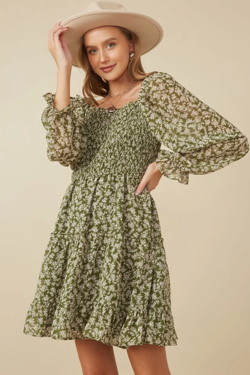 Smocked Floral Square Neck Mini Dress Bright Appeal Vibrant Form