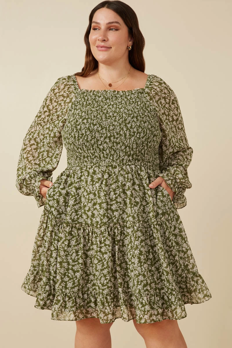 Soft Detail Smocked Floral Square Neck Mini Dress