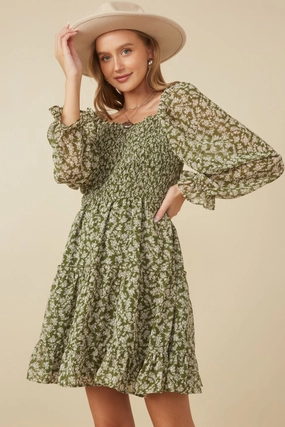 Smocked Floral Square Neck Mini Dress Handmade