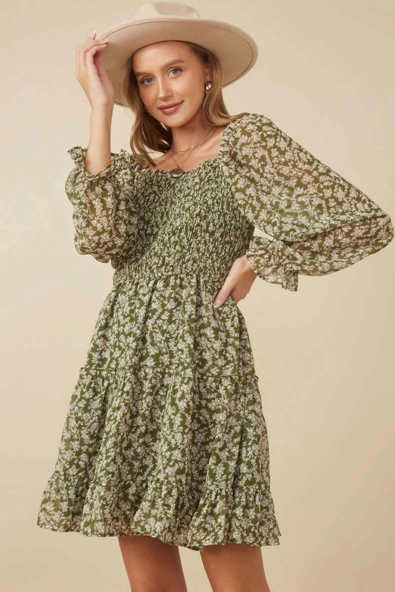 Smart Comfort Smocked Floral Square Neck Mini Dress