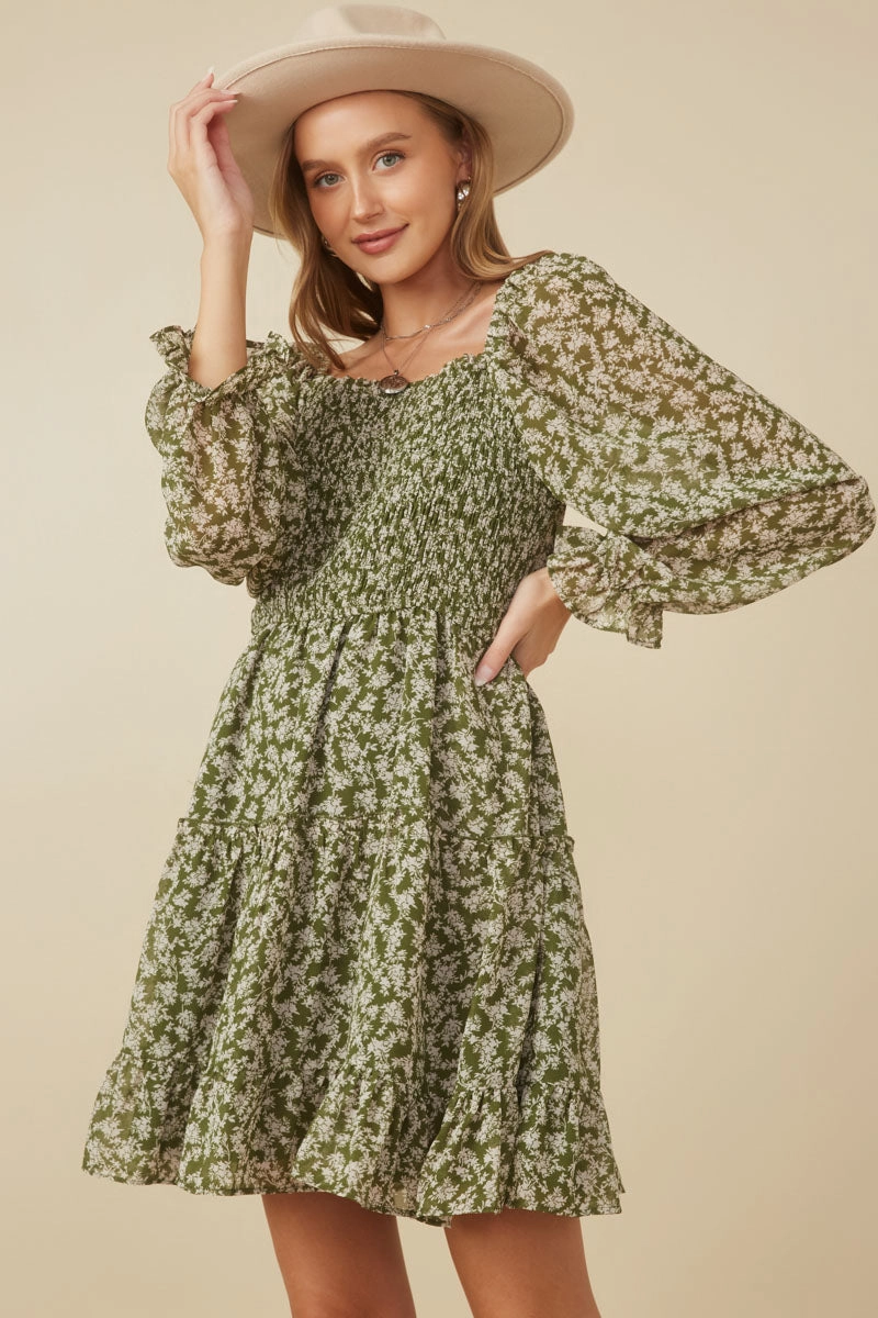 Smocked Floral Square Neck Mini Dress Smooth Touch