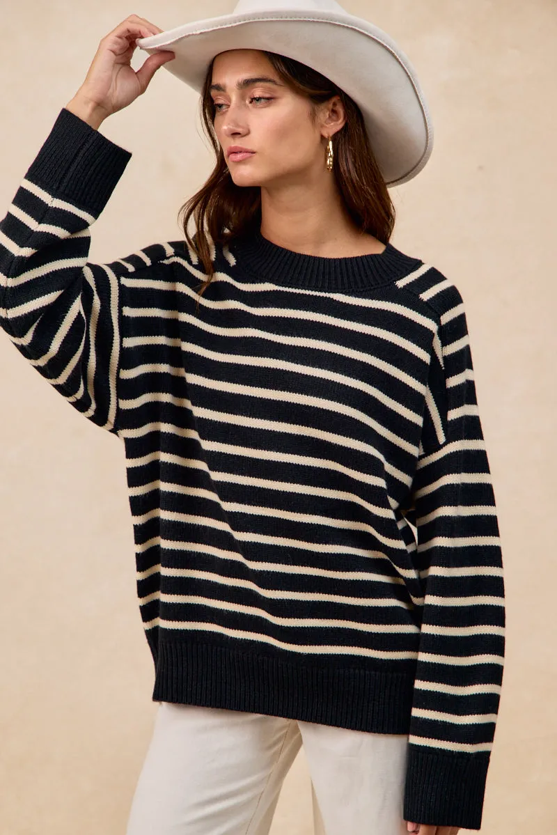IT4864-01 | STRIPED MOCK NECK SWEATER TOP WITH RAGLAN SLEEVES Waist Belt Clean Edge Piece