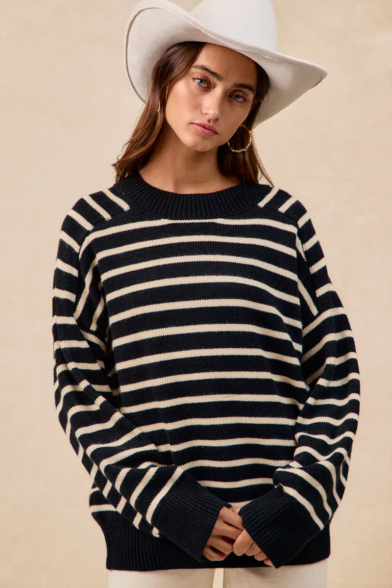 Headphone Hole Day To Day IT4864-01 | STRIPED MOCK NECK SWEATER TOP WITH RAGLAN SLEEVES