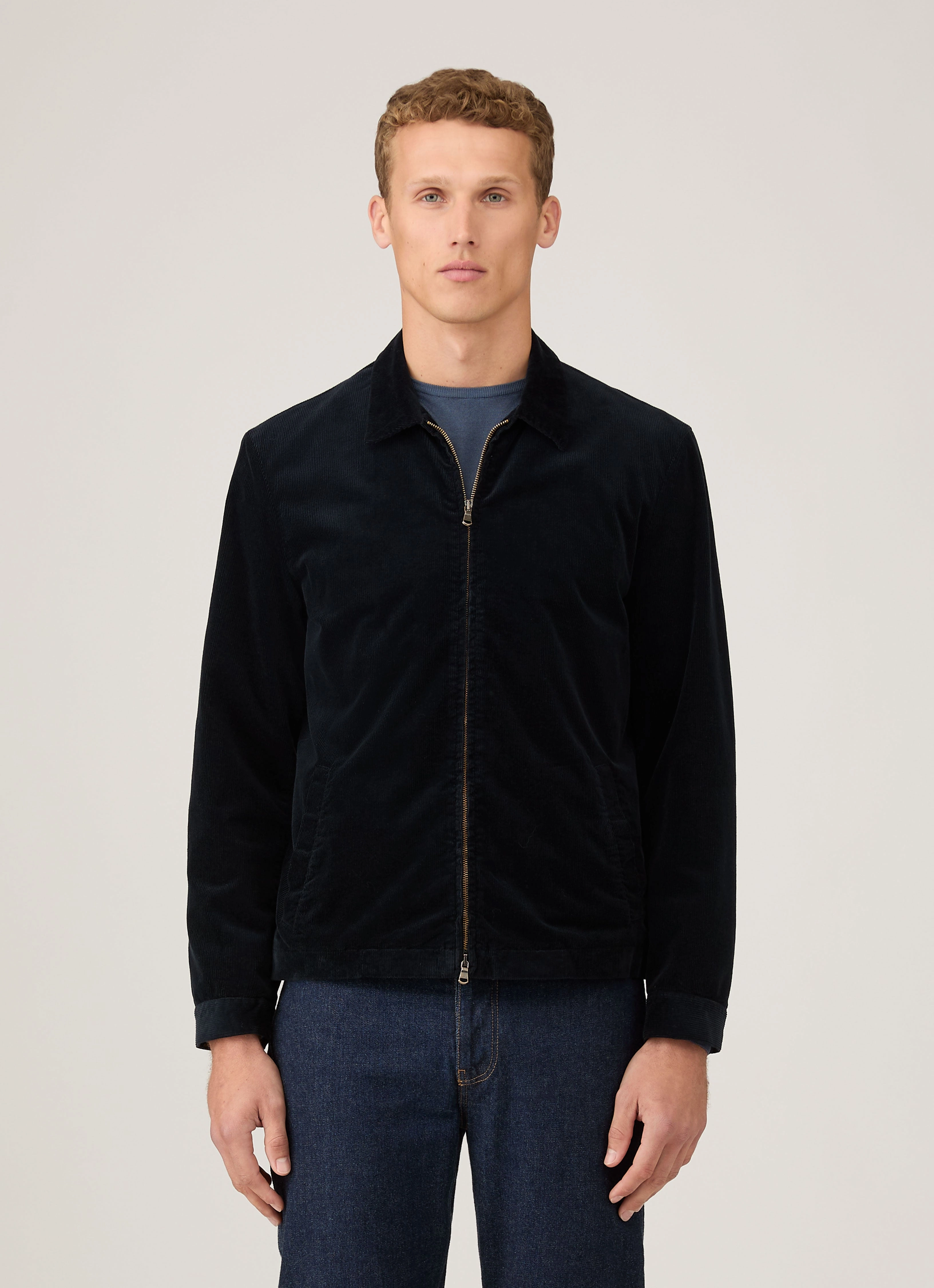 Collarless Design Men's Corduroy Harrington Jacket in Navy