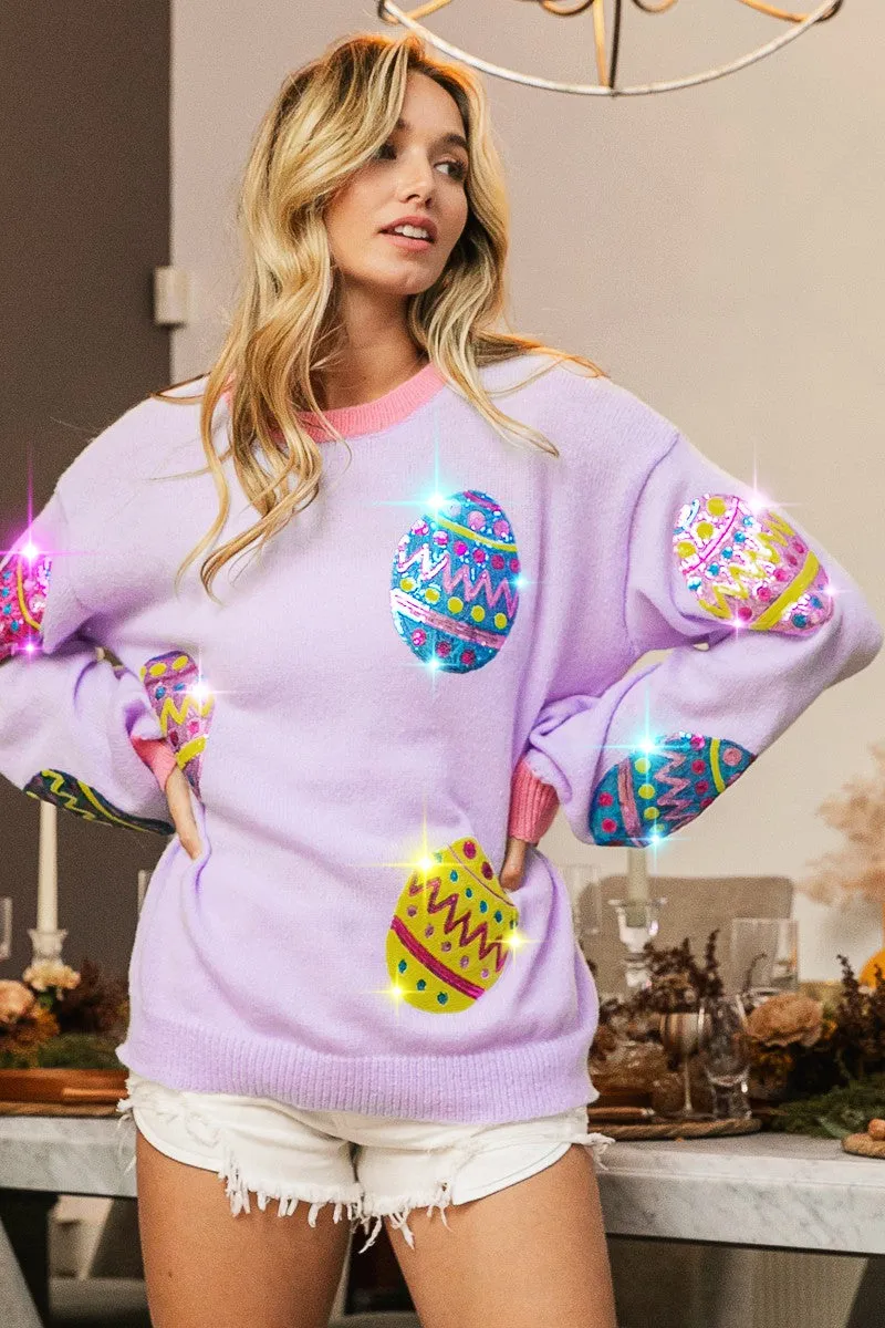 IP5685G-43 | SEQUIN EASTER EGGS PATCHES SWEATER TOP Effortless Layer
