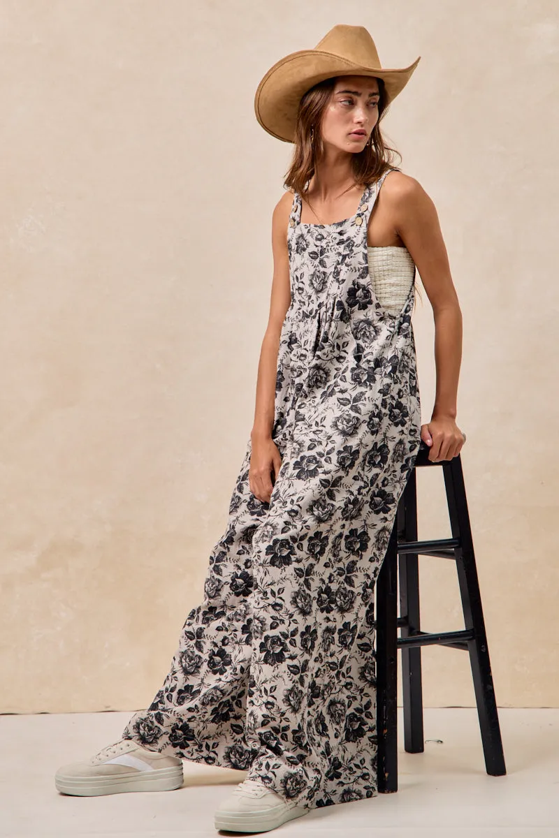 Modern Edge Fashion-Forward IB1130S-65 | WASHED ROSE PRINED DENIM OVERALLS WITH PLEAT DETAIL