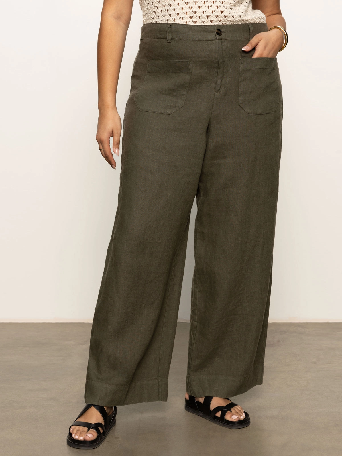 The Linen Marine Wide Leg Semi-High Rise Pant Kalamata Extended Sizing Cozy Comfort Fashion Stretch