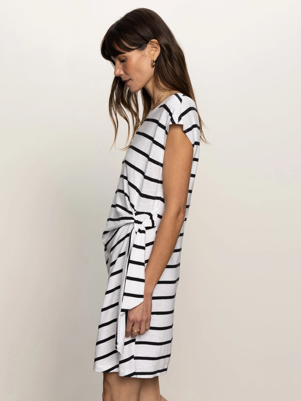 Comfort Wear Side Tie T-Shirt Dress White Black Stripe