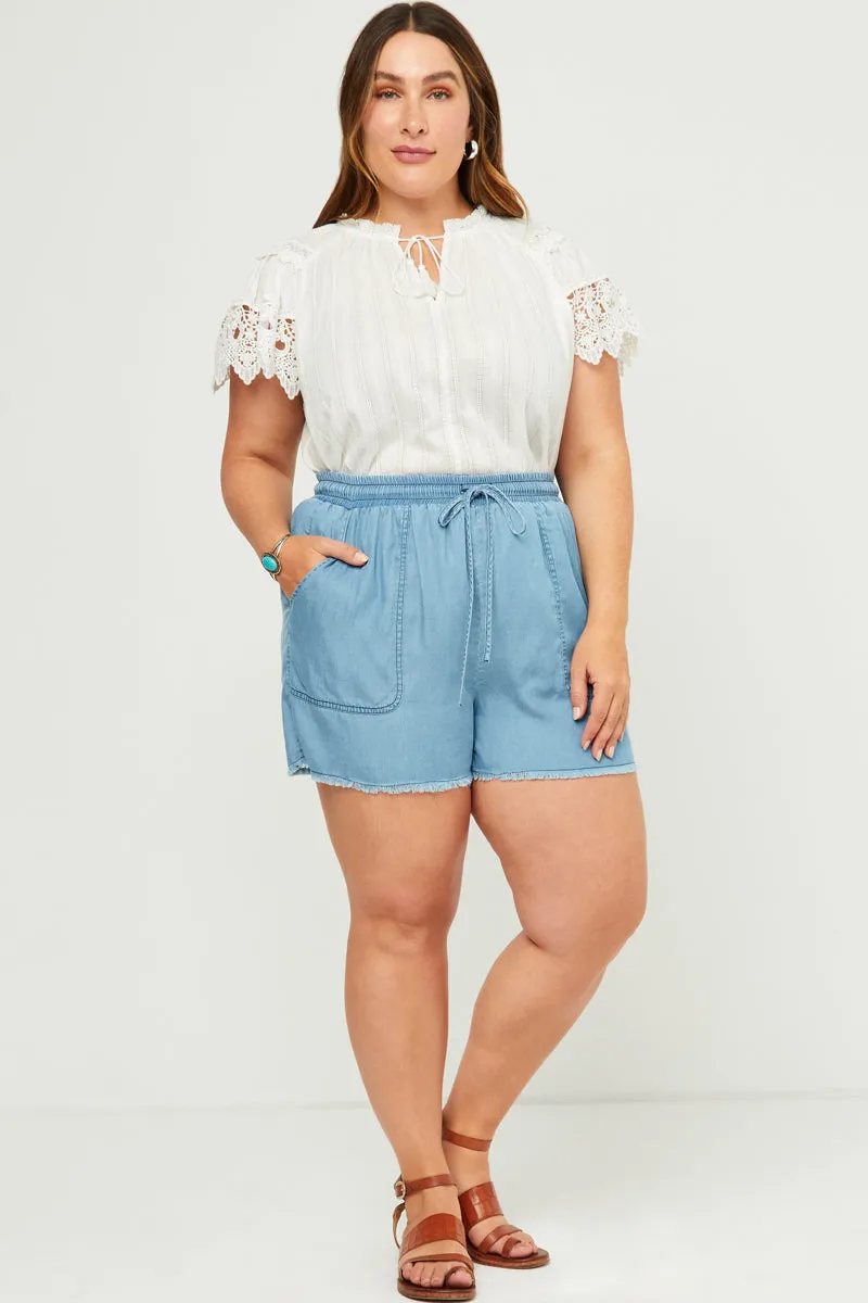 Boho chic Denim finish Distressed Hem Patch Pocket Shorts