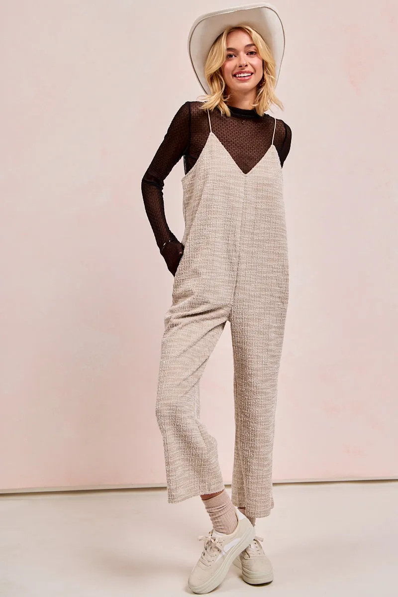 IB1369-01 | TWEED KNIT WITH STRAPED JUMPSUIT Decorative stitching