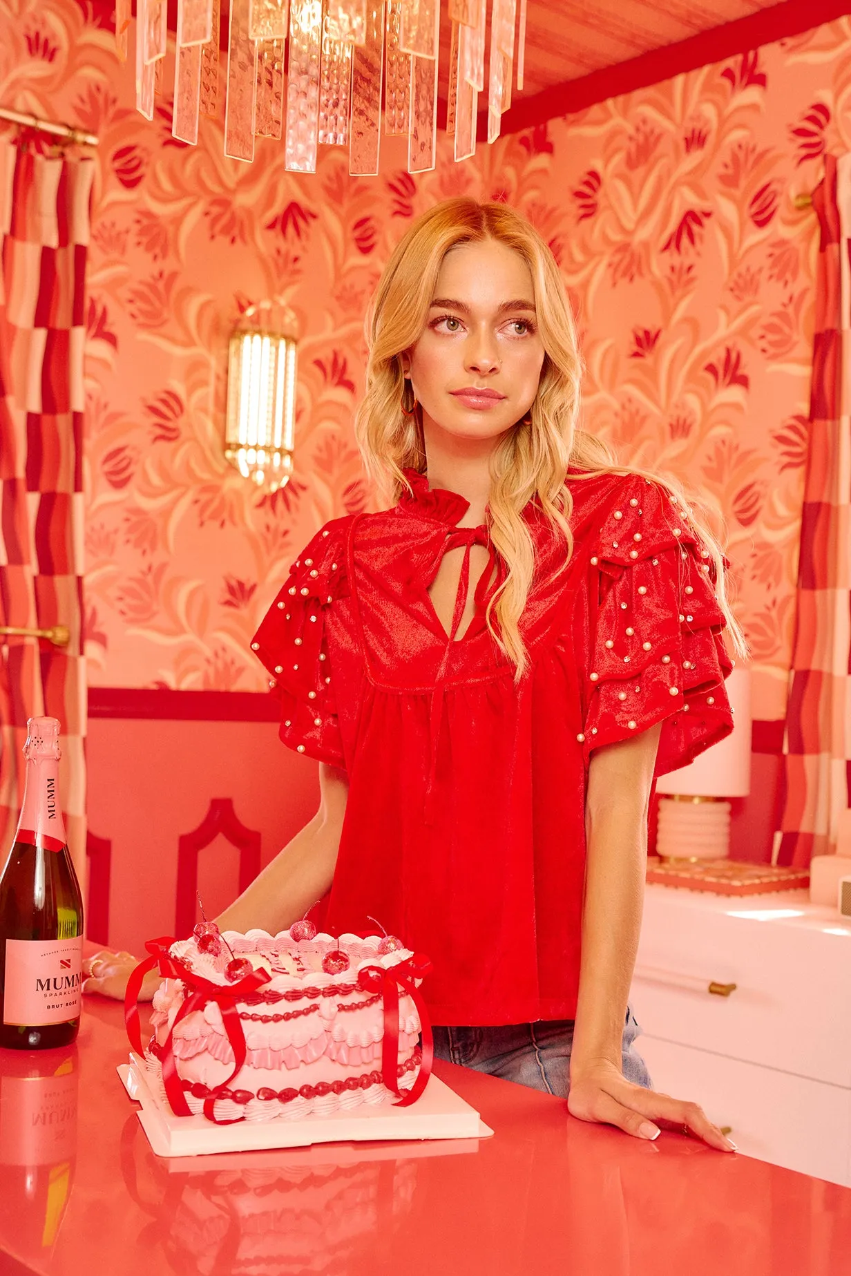 Slim Silhouette IT4767S-02 | BEADS DETAIL RUFFLED SLEEVES VELVET CHRISTMAS TOP