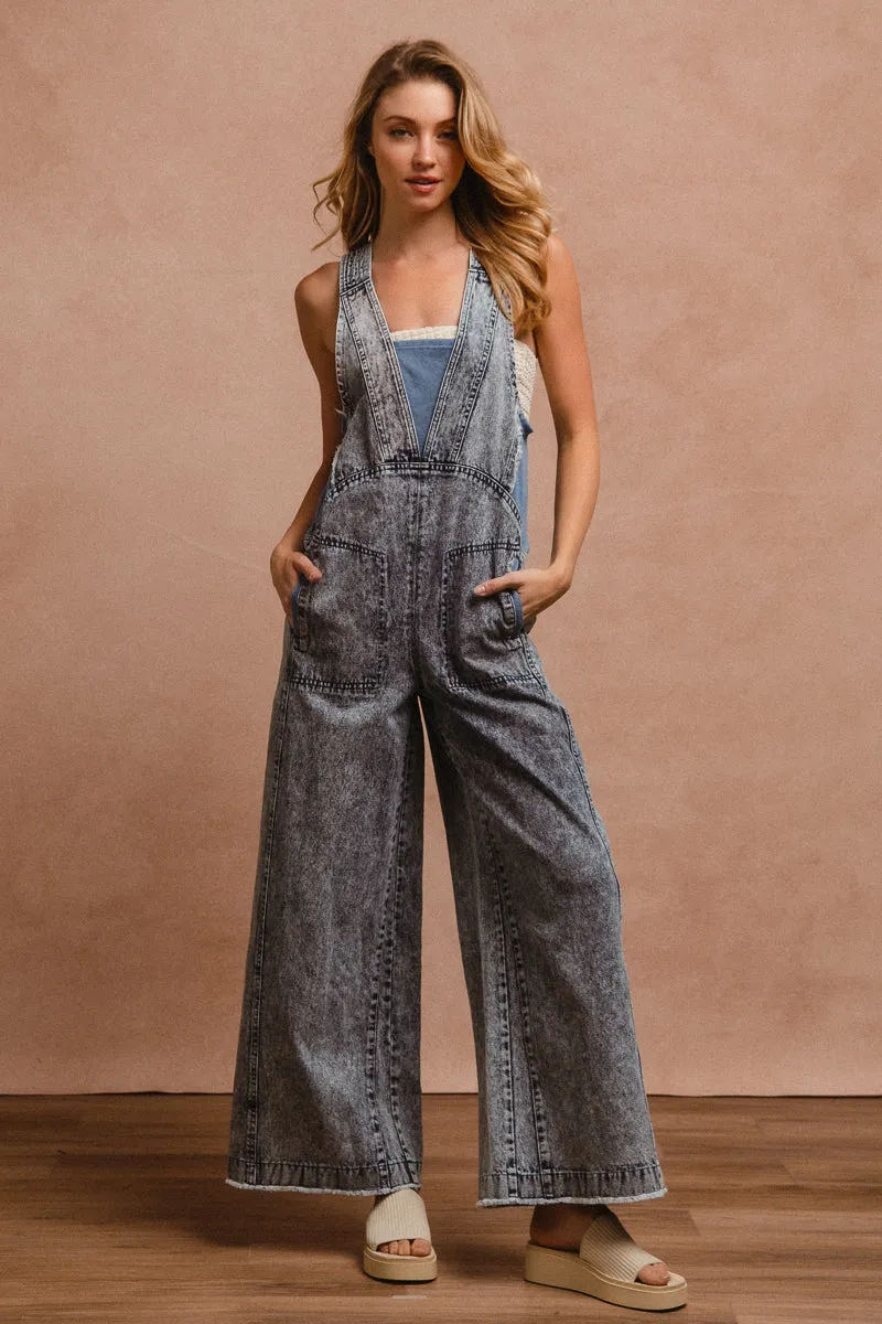Straight Leg IB1567R-02 | MINERAL WASHED DENIM JUMPSUIT WITH CONTRAST DETAIL