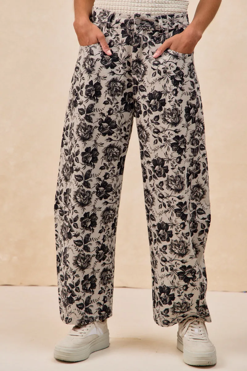 IB1707S-02P | ROSE PRINTED TWILL BARREL PANTS Stretchy Material