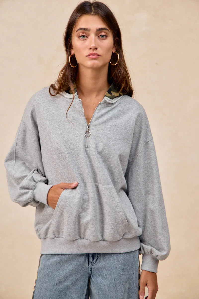 IT4751S-01 | FRENCH TERRY HALF ZIP UP WITH CAMO HOODIE TOP Core Movement