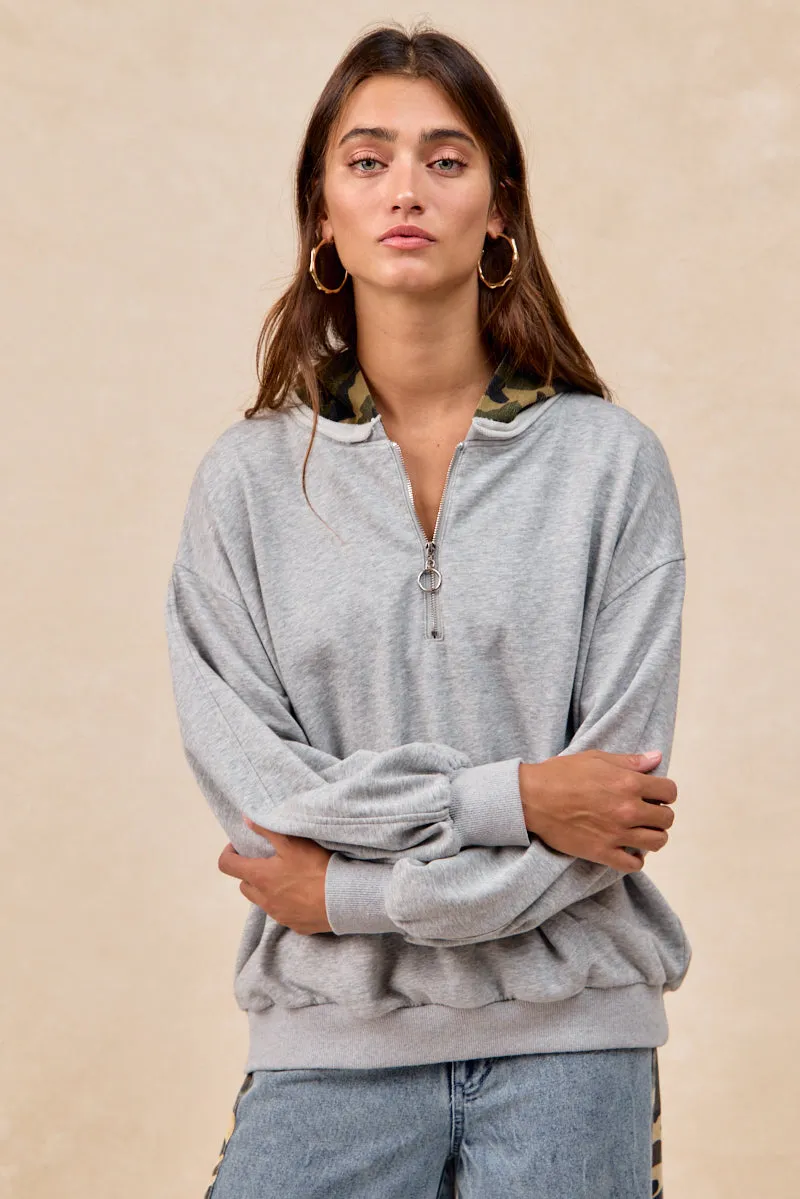 IT4751S-01 | FRENCH TERRY HALF ZIP UP WITH CAMO HOODIE TOP Street Comfort