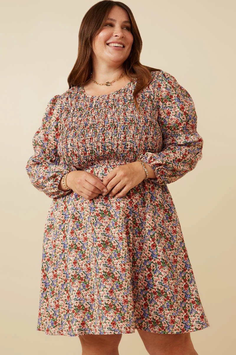 Smocked Bodice Peasant Sleeve Ditsy Floral Dress Smooth Texture Street Ease