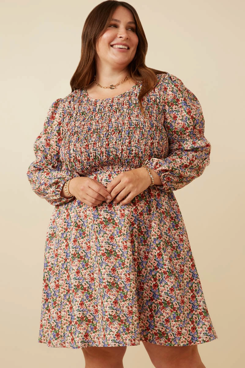 Field Fresh Smocked Bodice Peasant Sleeve Ditsy Floral Dress