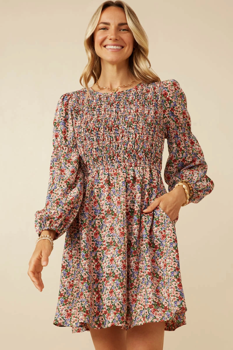 Smocked Bodice Peasant Sleeve Ditsy Floral Dress Subtle Comfort