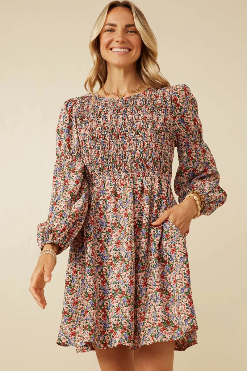 Smocked Bodice Peasant Sleeve Ditsy Floral Dress Breeze Grace