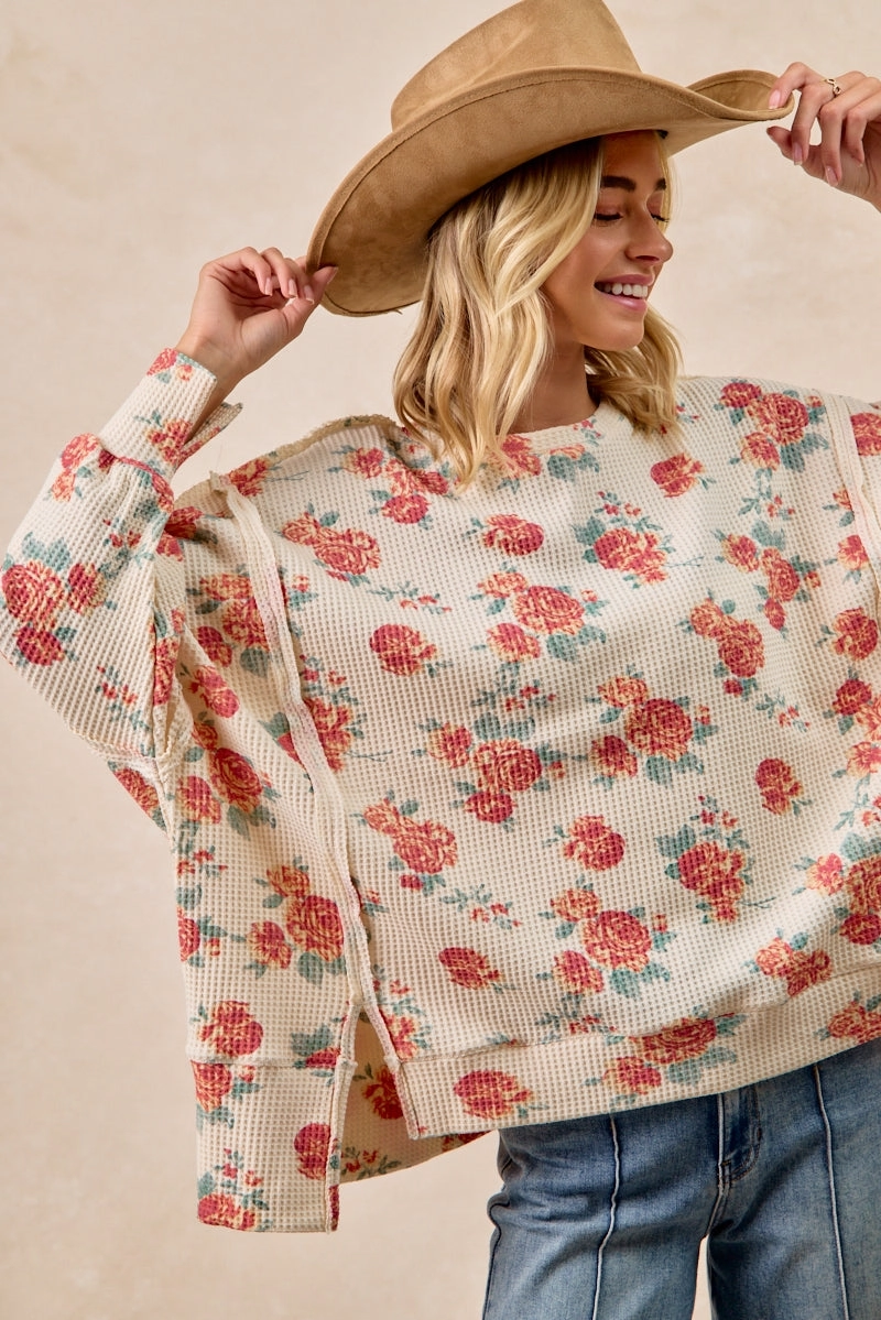IT3426G-13 | FLORAL PRINT OVERSIZED WAFFLE THERMAL SWEATSHIRT Versatile Waist