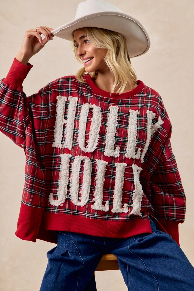 Cool Weather Flexible Waist IT3426G-23 | HOLLY JOLLY CHRISTMAS PLAID OVERSIZED SWEATSHIRT