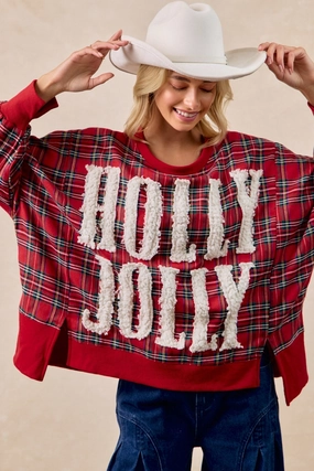IT3426G-23 | HOLLY JOLLY CHRISTMAS PLAID OVERSIZED SWEATSHIRT Dynamic Motion Trendy Waist