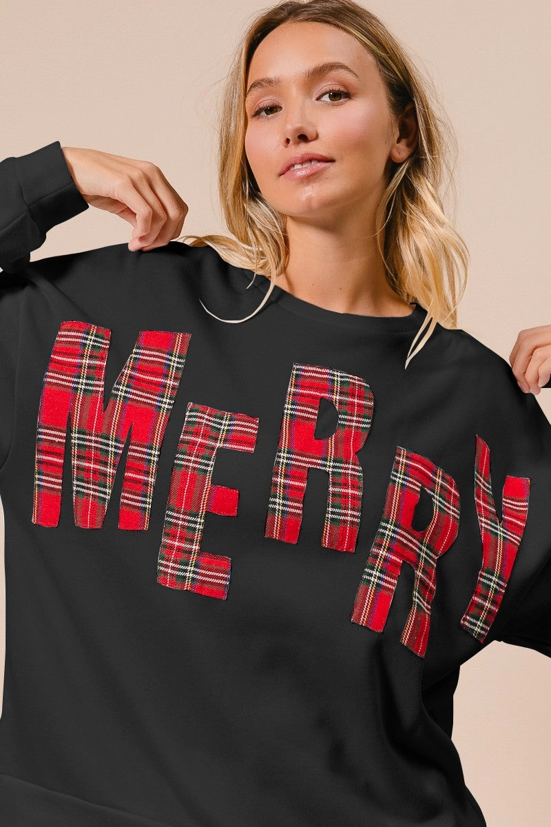 Core Style IT1508G-38 | PLAID MERRY LETTERING CHRISTMAS FLEECE SWEATSHIRT