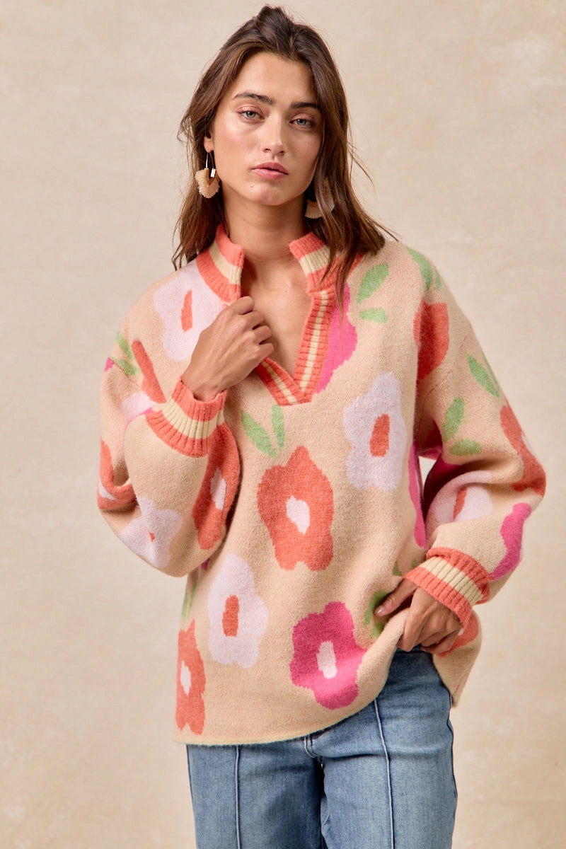 IT4554S-01 | FLOWER PRINTED V NECK BANDED TOP Easy Wear Classic Look