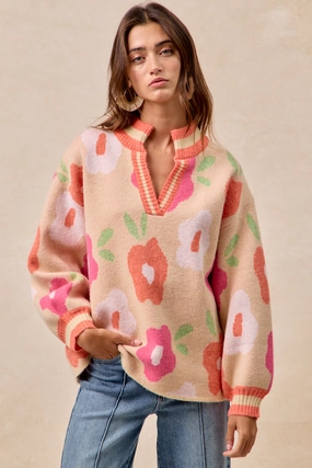 Quick Layer IT4554S-01 | FLOWER PRINTED V NECK BANDED TOP