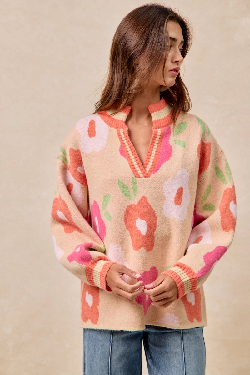 IT4554S-01 | FLOWER PRINTED V NECK BANDED TOP Low-rise style