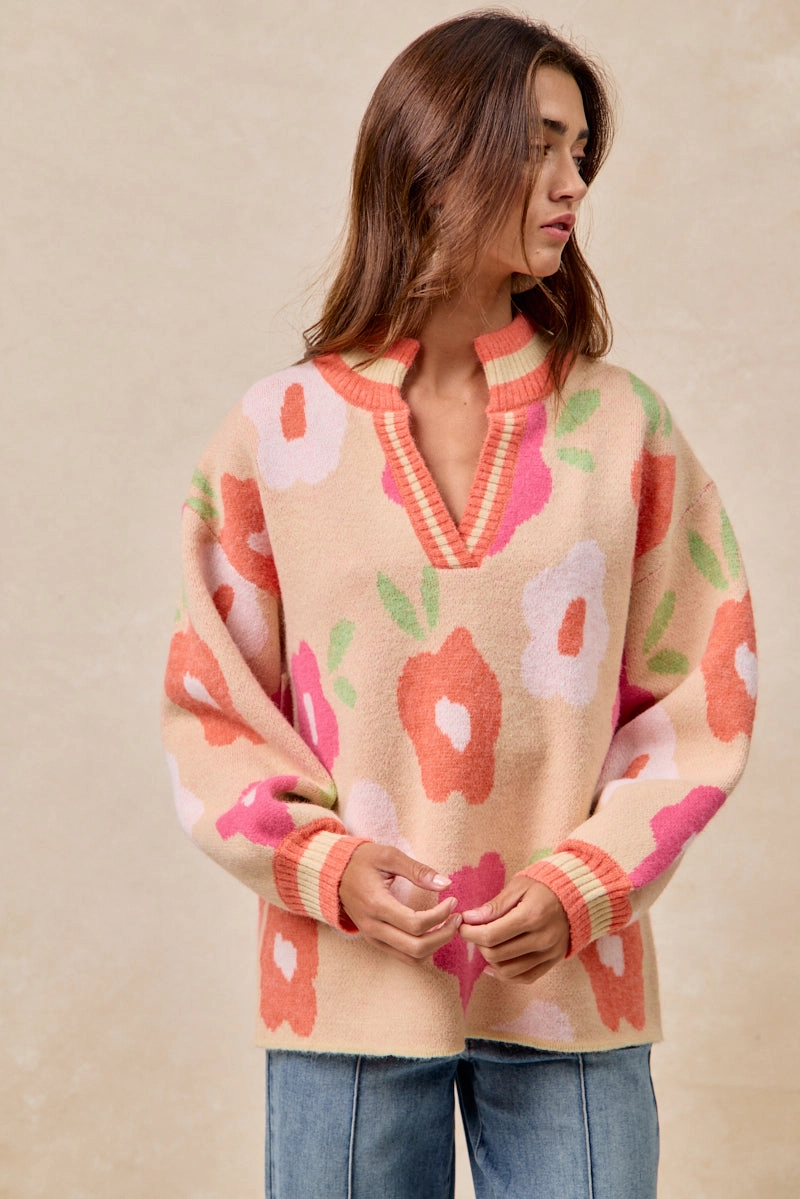 Outfit Staple IT4554S-01 | FLOWER PRINTED V NECK BANDED TOP