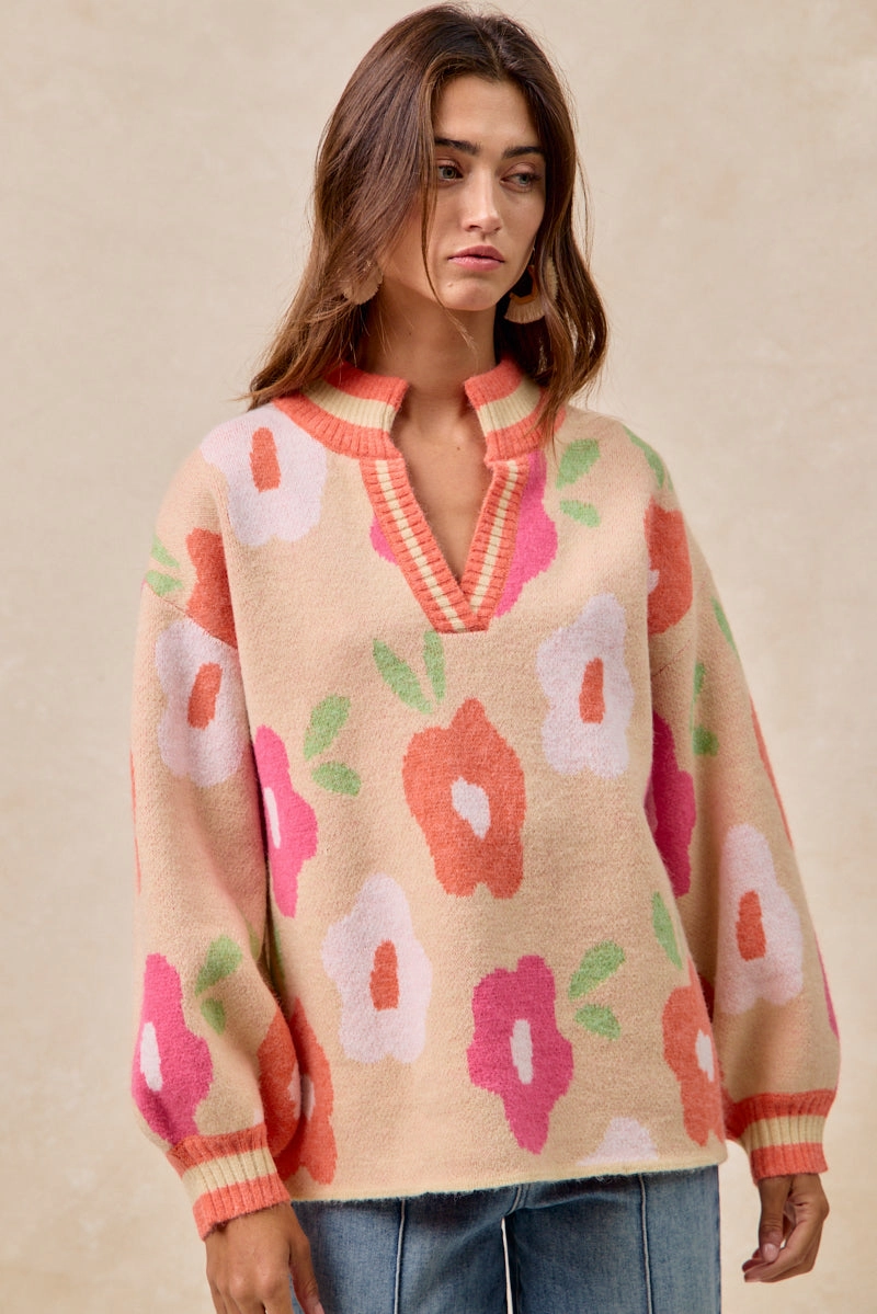 Effortless Style Lounge-friendly IT4554S-01 | FLOWER PRINTED V NECK BANDED TOP