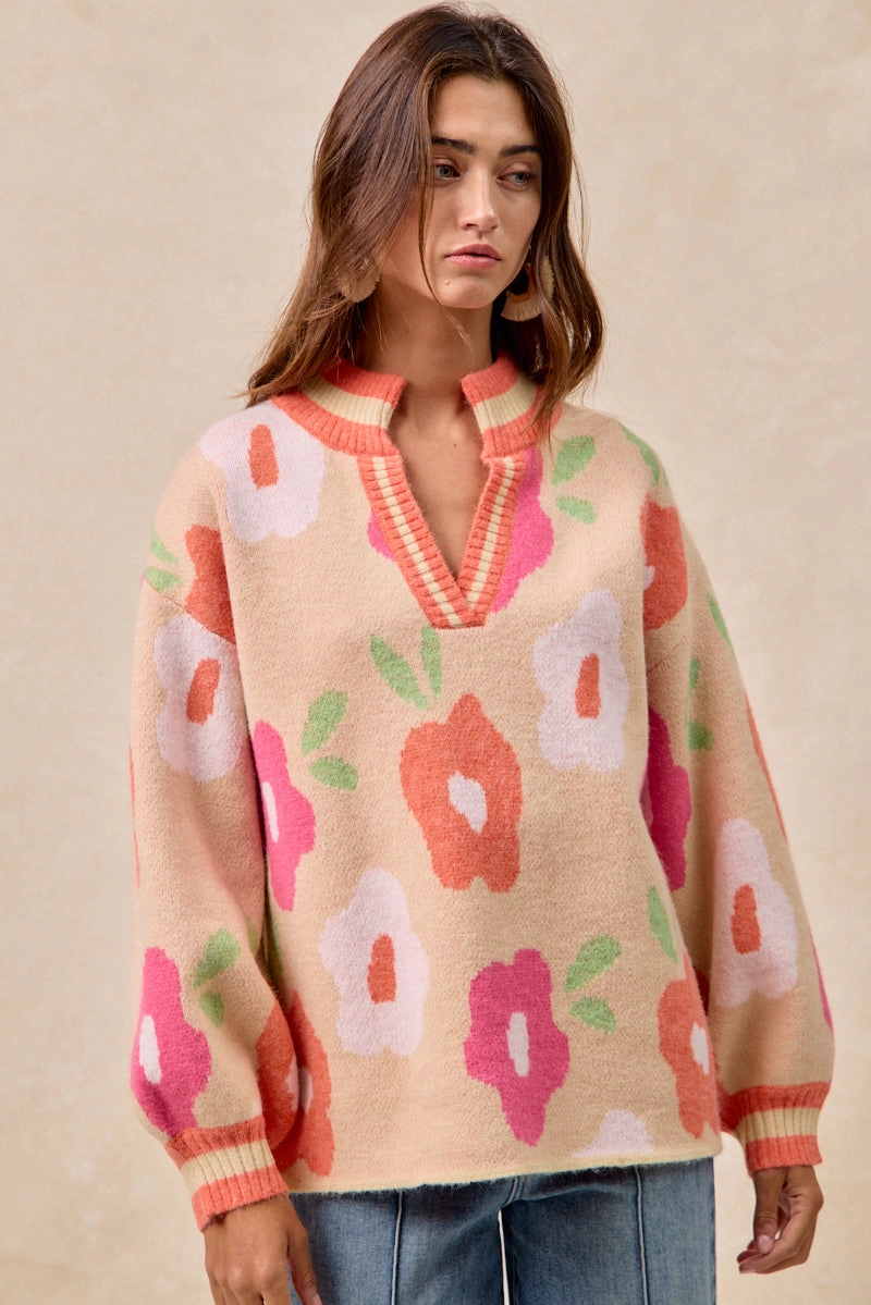 Side Pockets IT4554S-01 | FLOWER PRINTED V NECK BANDED TOP