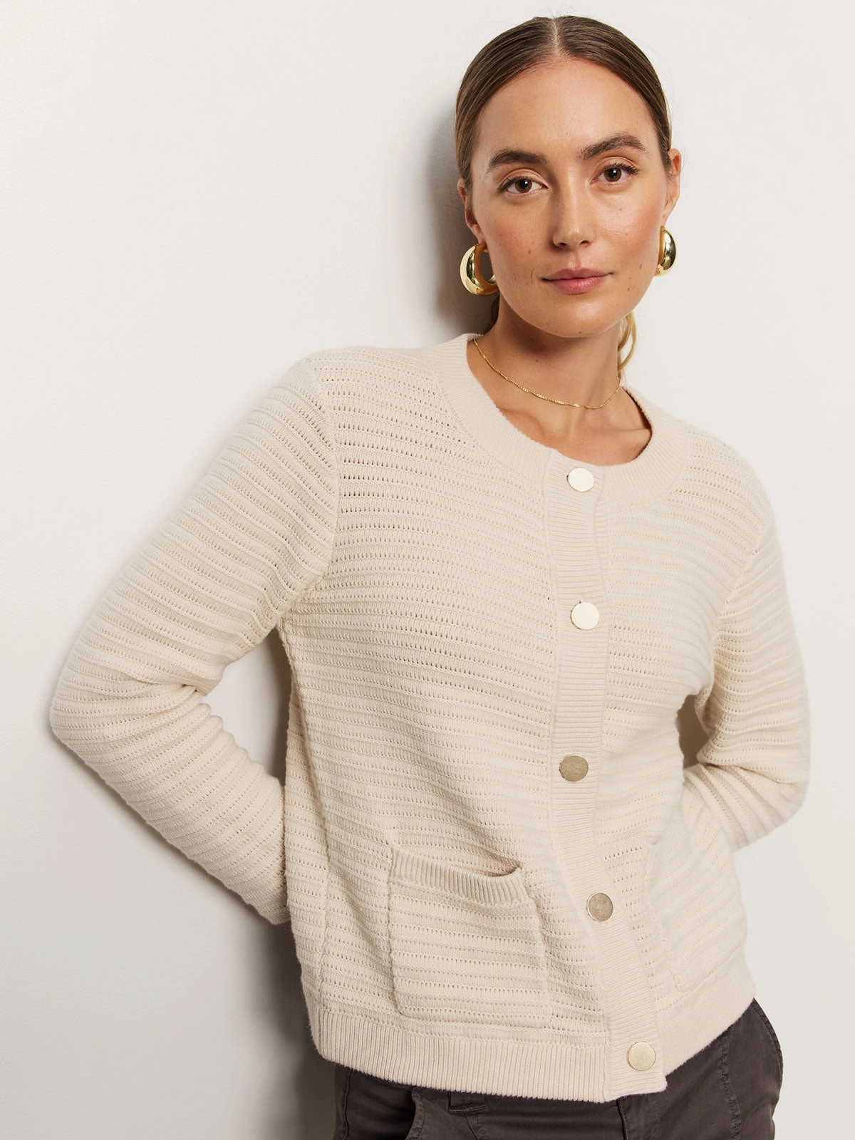 intellectual style Pointelle Knitted Jacket Oat