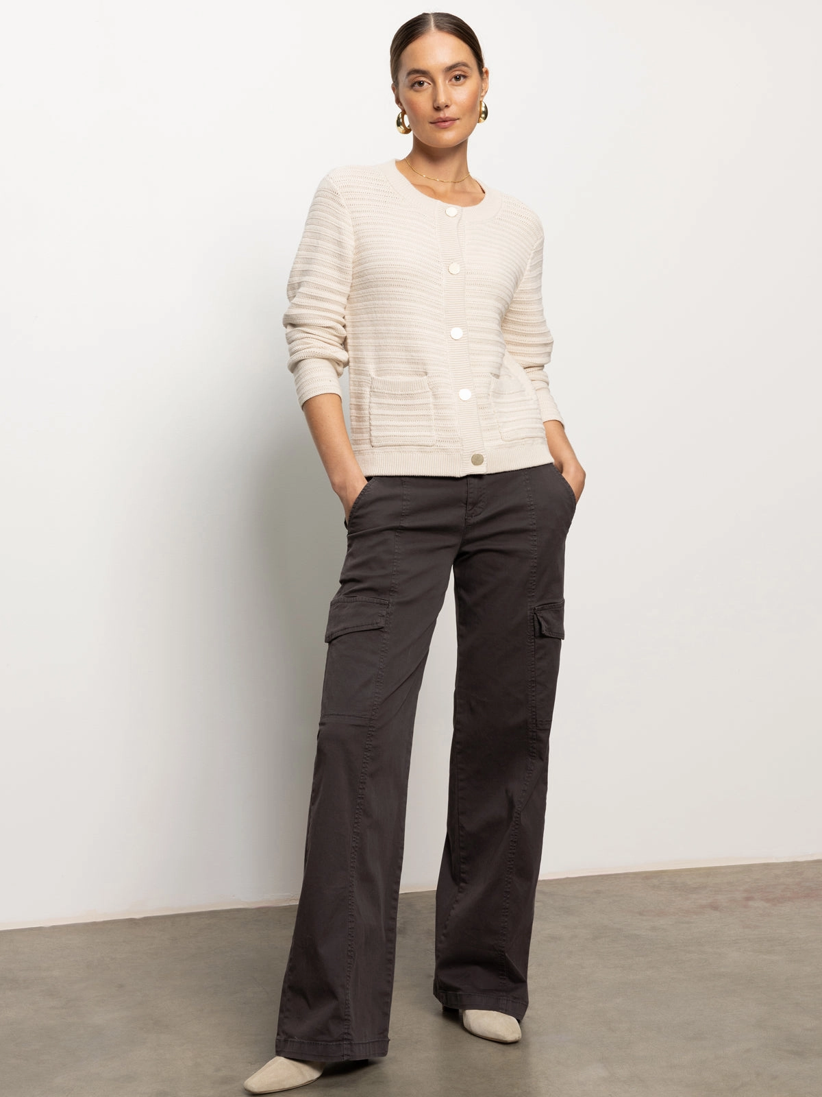 Comfortable Wear Pointelle Knitted Jacket Oat