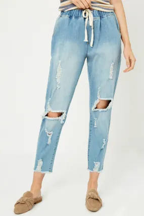 Distressed Drawstring Denim Jeans Padded hips Moisture-wicking