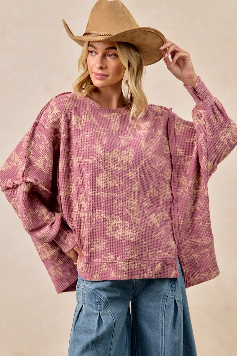 Midweight Layer Daily Wear IT3426G-17 | FLORAL PRINT WASHED WAFFLE THERMAL SWEATSHIRT