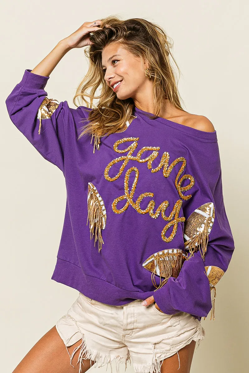 Trendy Must Have Practical Design IP8321G-04 | SEQUIN FRINGED FOOTBALL PATCH GAME DAY SWEATSHIRT