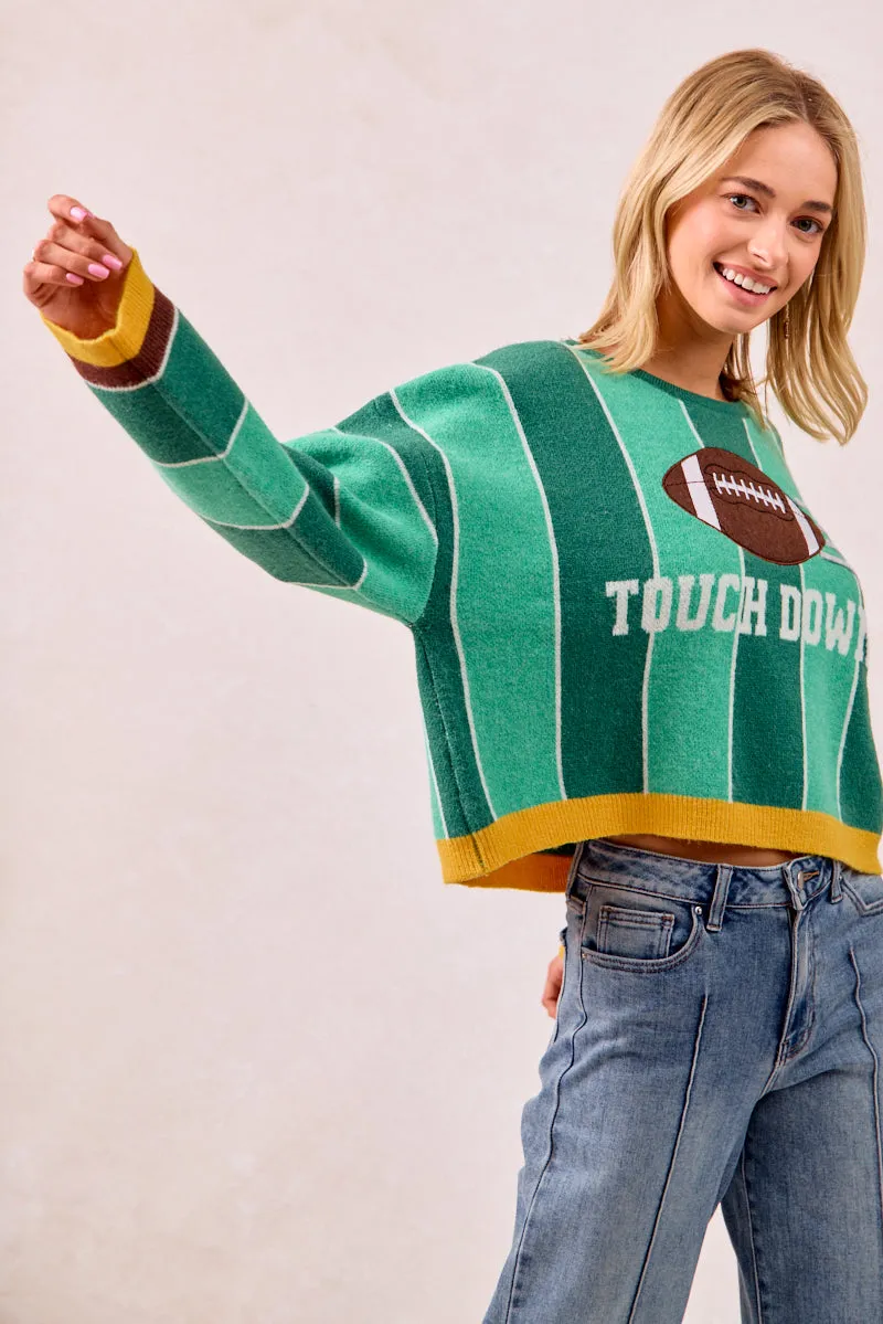 IT3482K-03 | GAMEDAY THEME STRIPE FOOTBALL PATCHED KNIT SWEATER TOP Weekend Chill Style